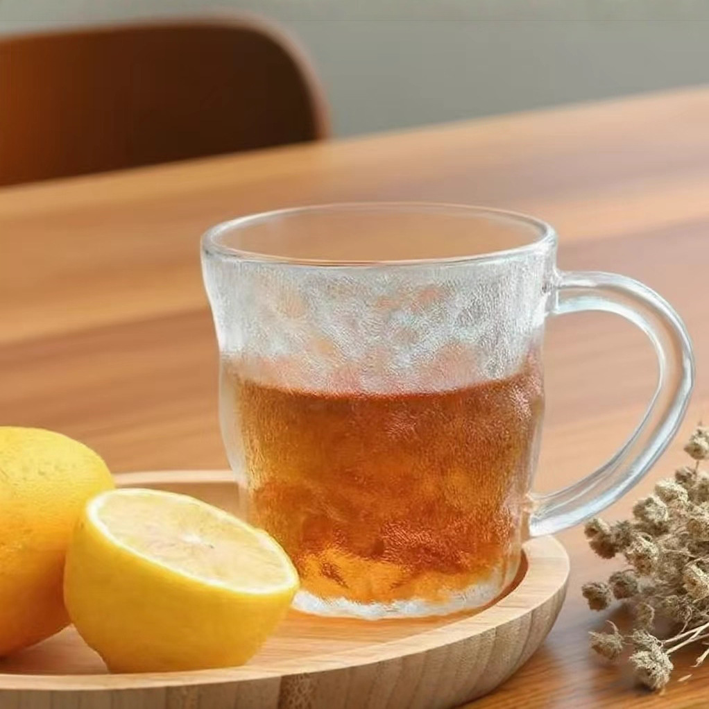Wholesale supply of handle glacier cups, hammer-patterned juice drink cups, household breakfast glass cups, milk glass water cups