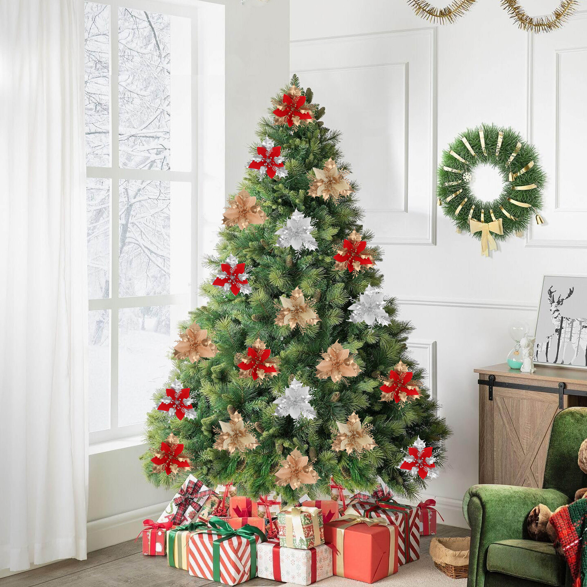 仿真花金银圣诞花跨境圣诞花环金粉花装饰花朵配件圣诞树摆件批发细节图