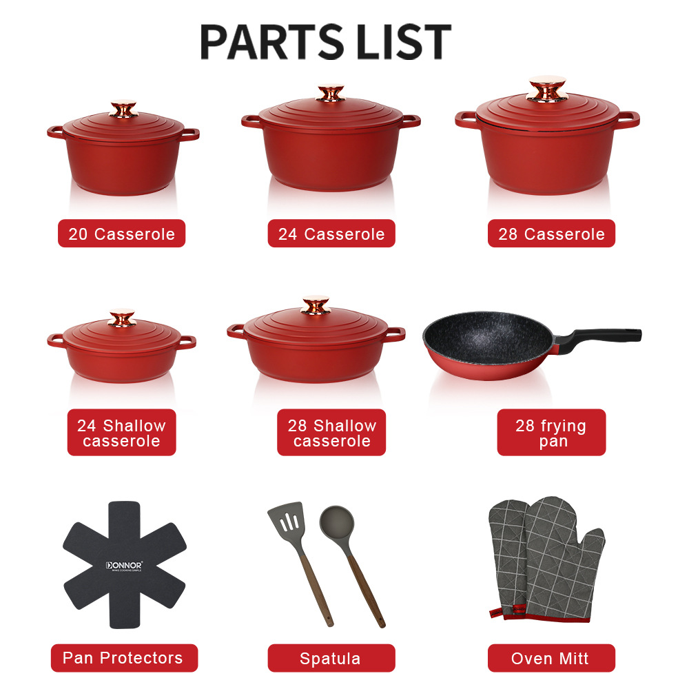 Donnor en stock de suministro de porcelana estilo 18pcs set personalizado al por mayor die casting granite cooker pot set antiadherente details Picture