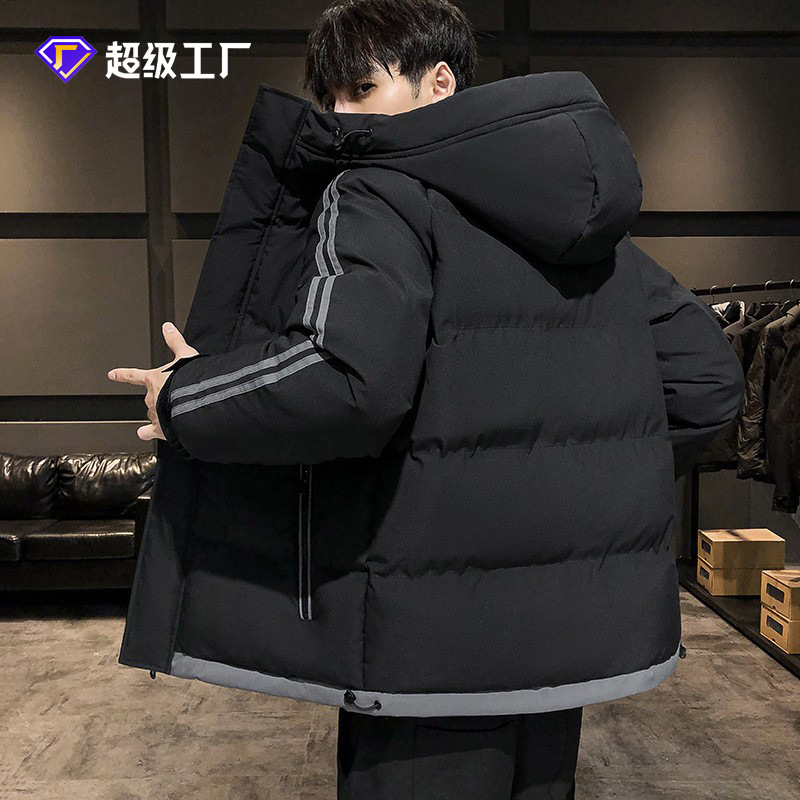 定制跨境棉服男士冬季新款连帽条纹加厚棉袄潮流面包服棉衣外套男