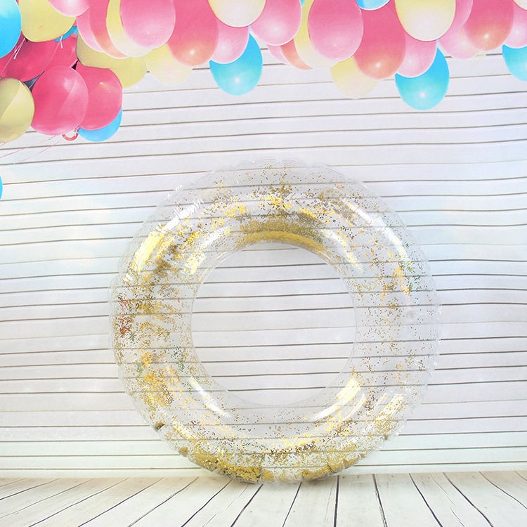 Inflatable thickened sequined transparent swimming ring for foreign trade, pvc handle, gold onion bright powder life buoy Specification drawing