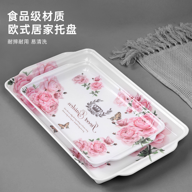 Melamine tray, household rectangular water cup, tea tray, fruit and pastry plate, tableware storage plate, light luxury imitation porcelain thickened details Picture