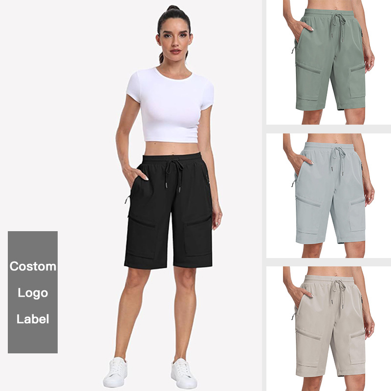 亚马逊夏季女士速干透气沙滩短裤口袋抽绳宽松户外休闲健身五分裤