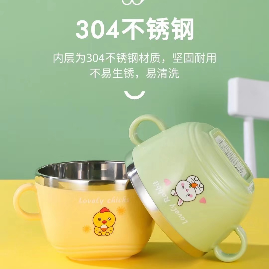 304 food-grade stainless steel bowl, children's tableware after meals, cute and heat-resistant for toddlers and babies, household double-layer soup bowl details Picture