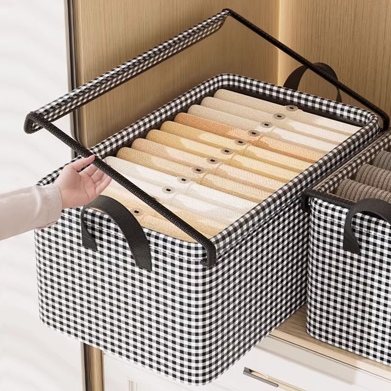 Clothing storage box, household steel frame storage box, wardrobe layer organization box, fabric folding storage basket for clothes and trousers Application Scenario
