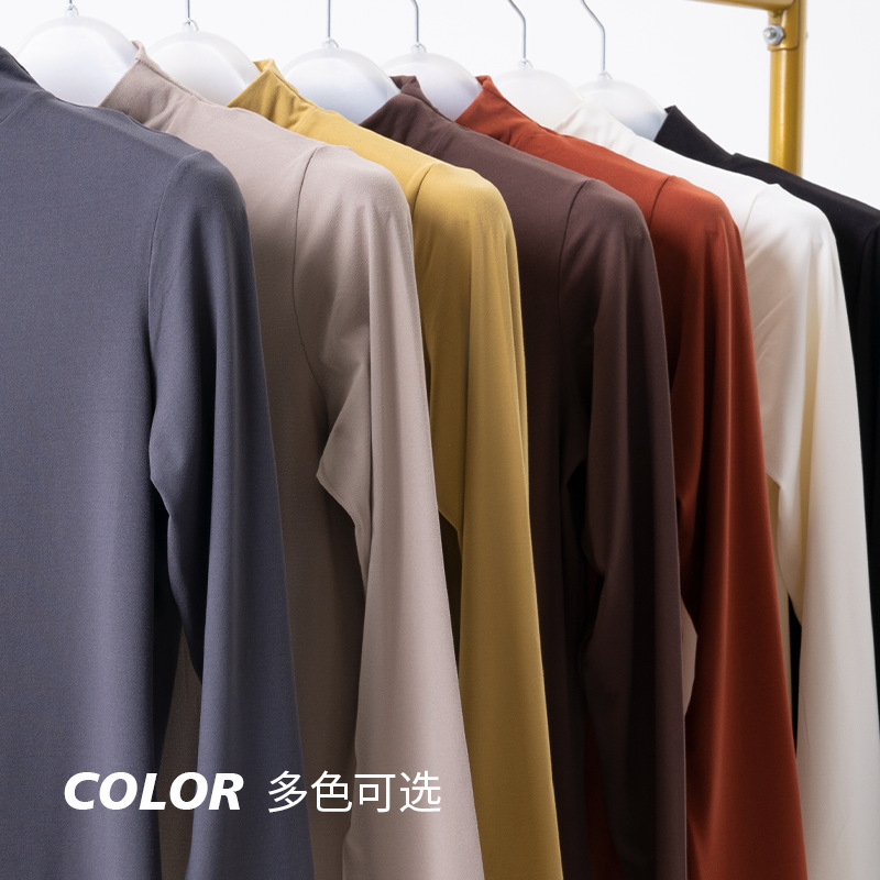 秋季薄款女士半高领长袖卫衣纯色内搭打底衫高弹亲肤休闲运动上衣细节图