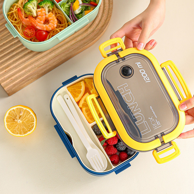 Plastic-sealed student lunch box that can be heated in a microwave oven. Office worker lunch box with compartments, takeout, hand-held, double-layered