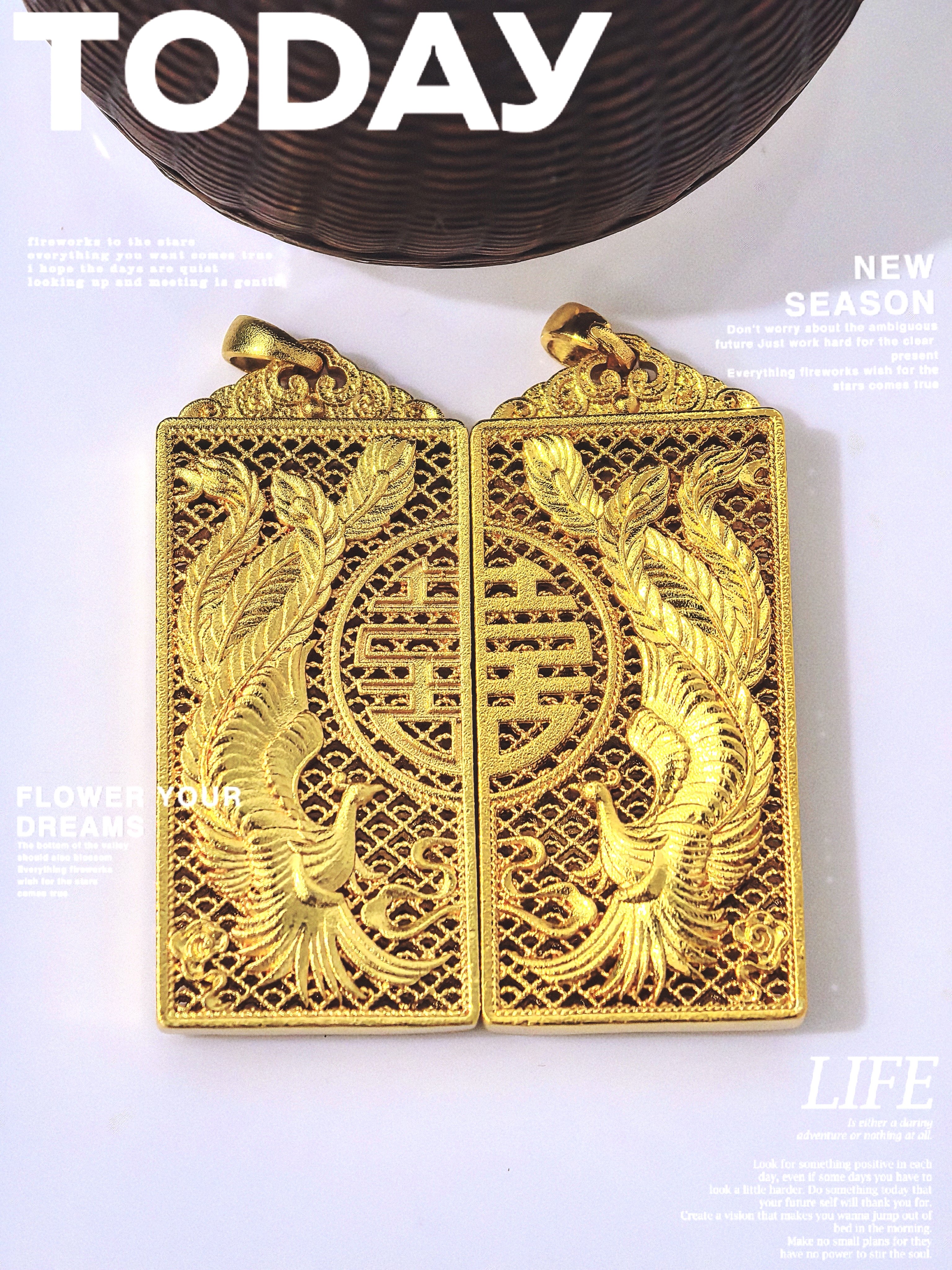 古法金铜镀龙凤合囍吊坠龙凤牌吊坠首饰打金DIY