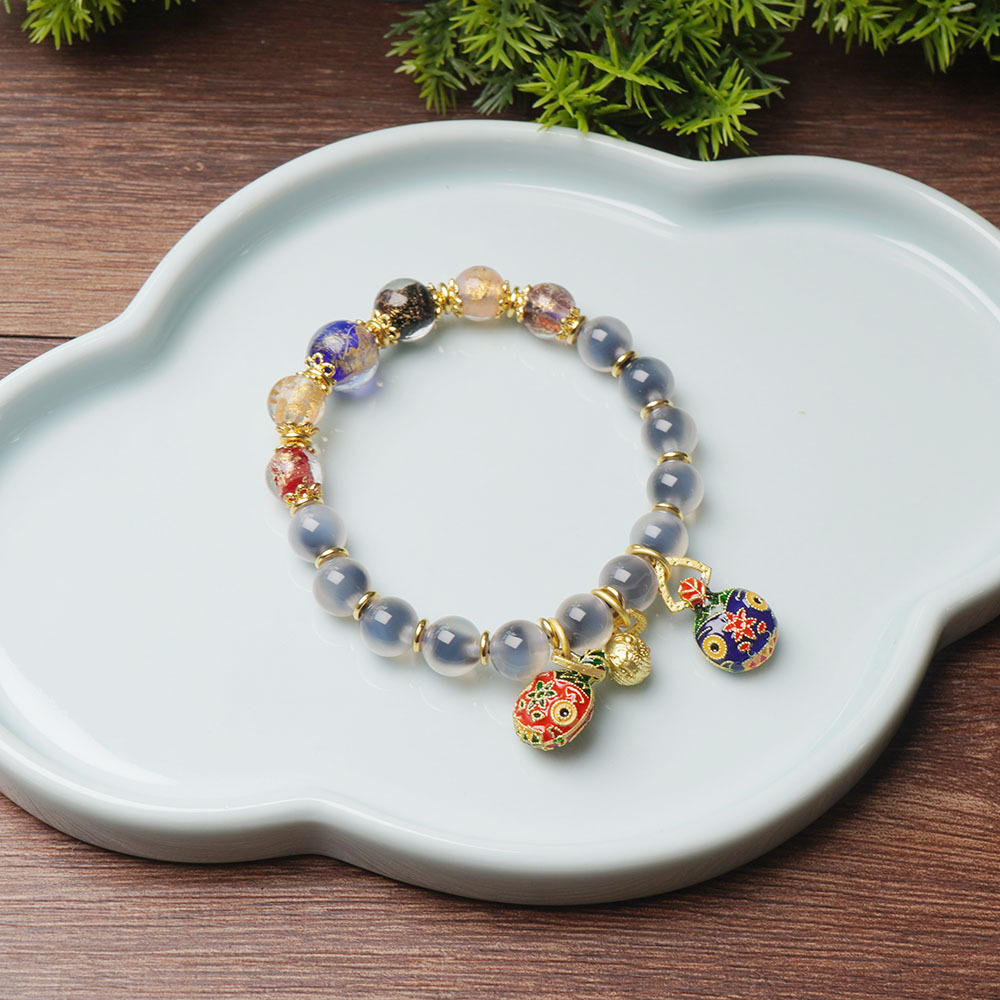 Natural sugar heart agate gold foil glass beaded bracelet for women, retro gold-devouting beast pendant, cultural play bracelet, accessories details Picture