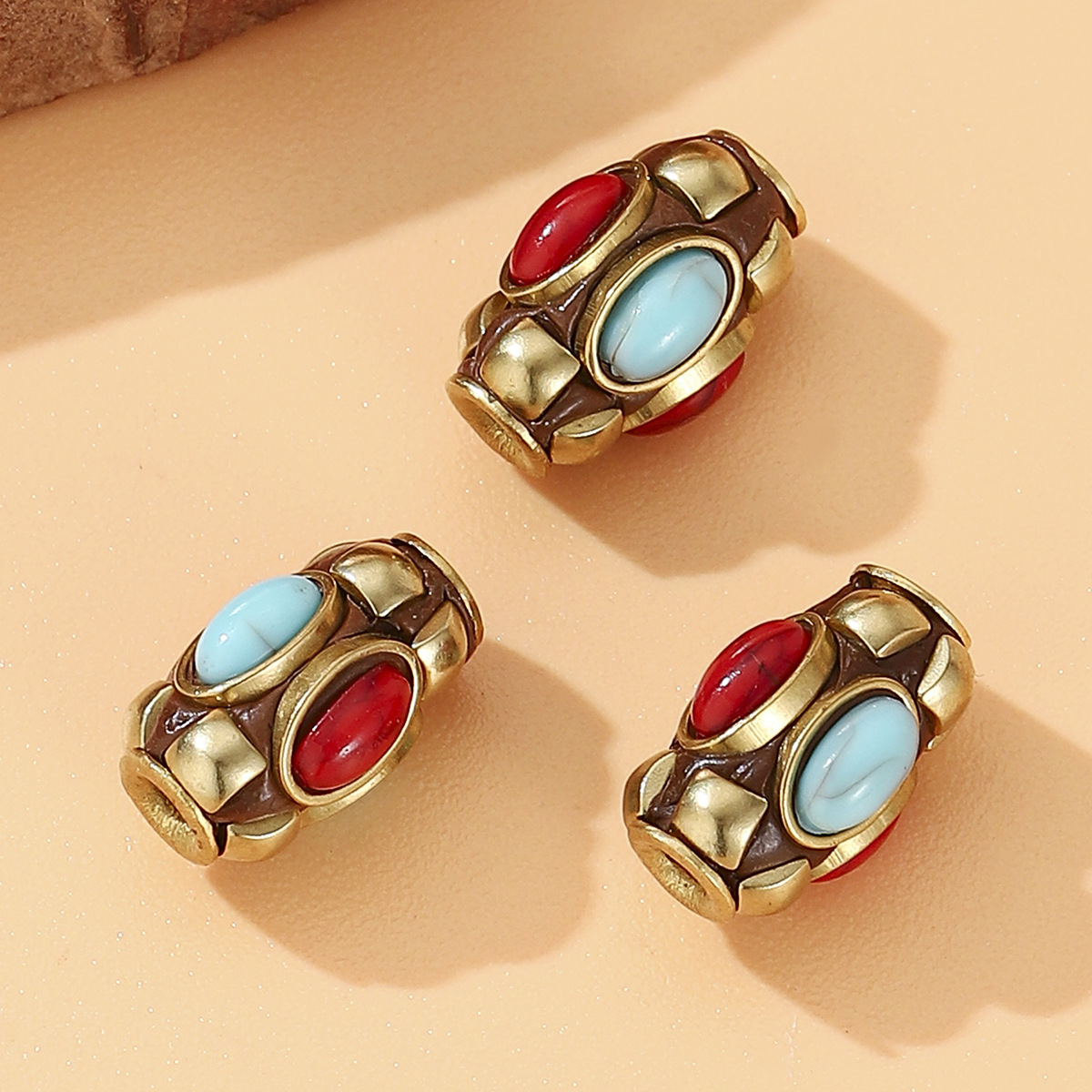 Tibetan-style retro Nepalese copper beads inlaid with red and blue stone bucket beads DIY jewelry accessories, bead partition cultural play accessories details Picture