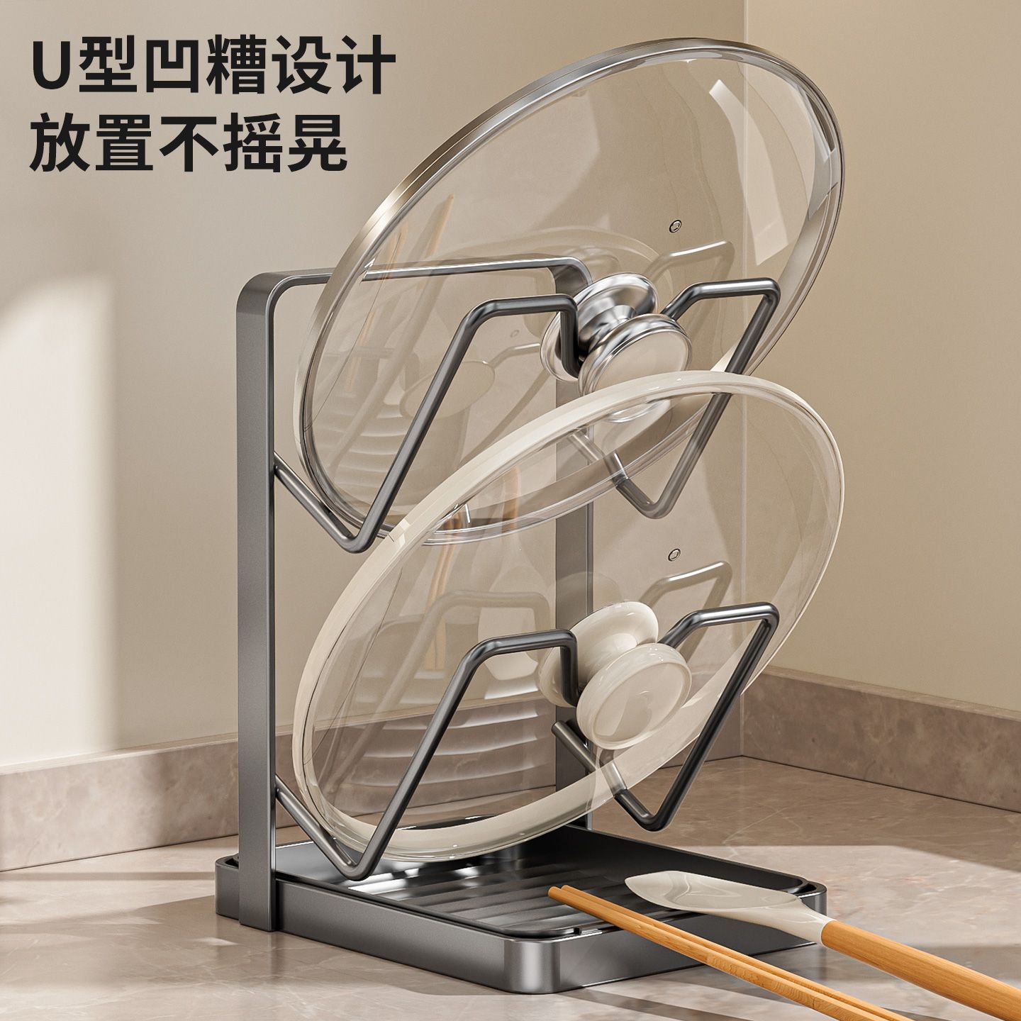 Multi-functional countertop pot lid rack, household storage, draining suction cup pot lid rack, kitchen cutting board rack, non-drilling storage rack details Picture