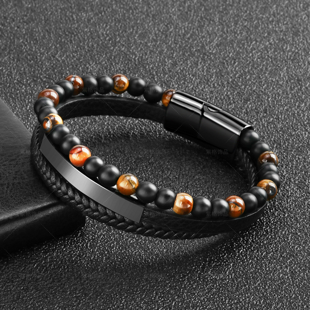 Amazon Tiger's Eye natural stone bead bracelet, leather rope woven bracelet, multi-layer men's cowhide black bracelet details Picture