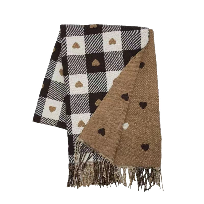 The same style of double-sided heart-shaped faux cashmere checkered scarf as on Xiaohongshu, featuring tassels for women in winter, is a retro long shawl neck in Korean style Specification image