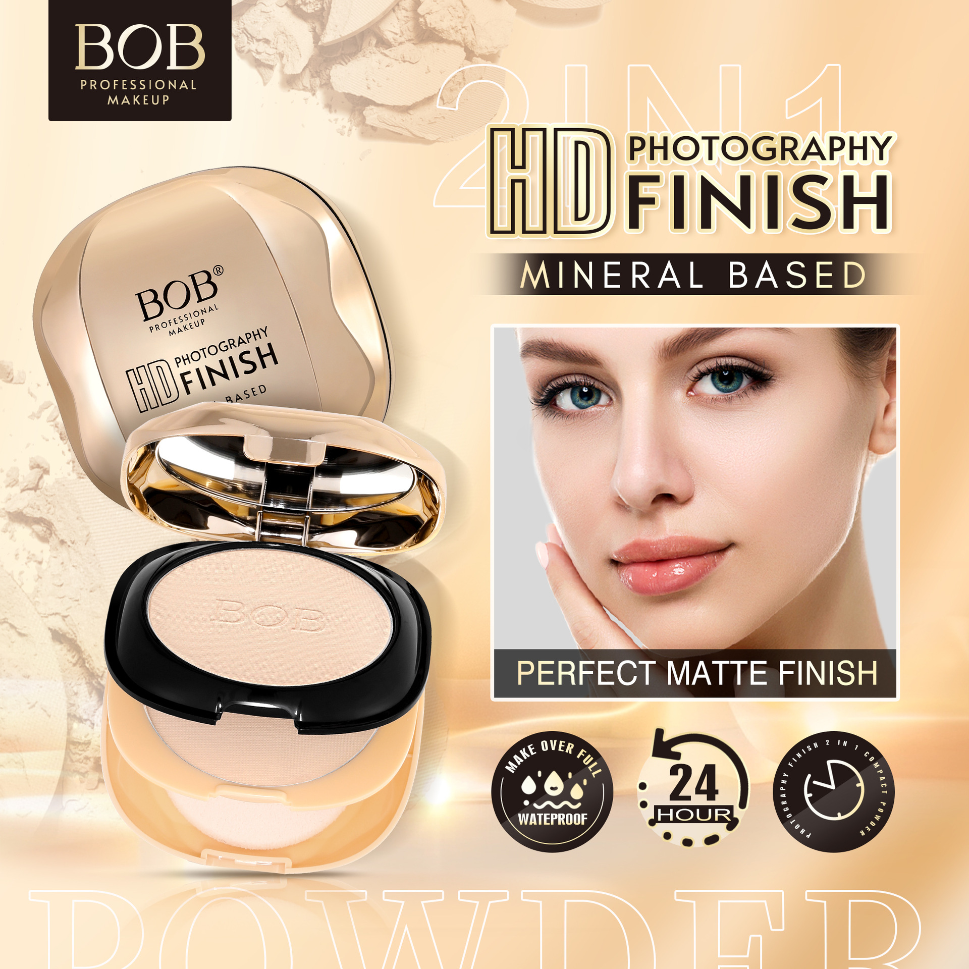 跨境bob高定双层粉饼遮瑕修容干湿两用保湿干粉散粉女持妆定妆粉