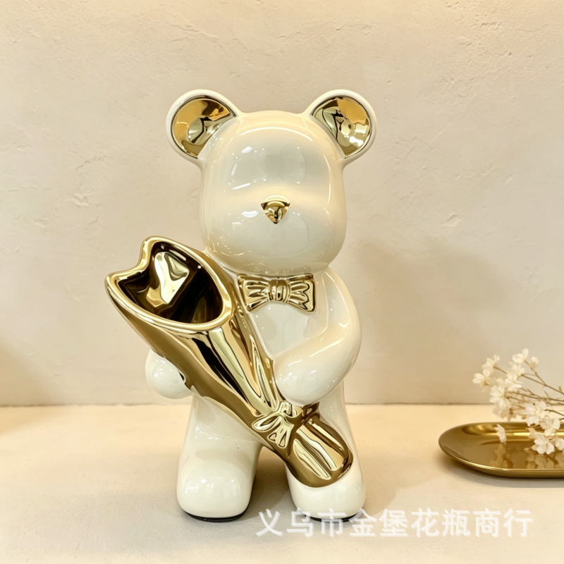 Gold and silver electroplated violent bear flower arrangement, modern and simple living room desktop bear ceramic handicraft manufacturer
