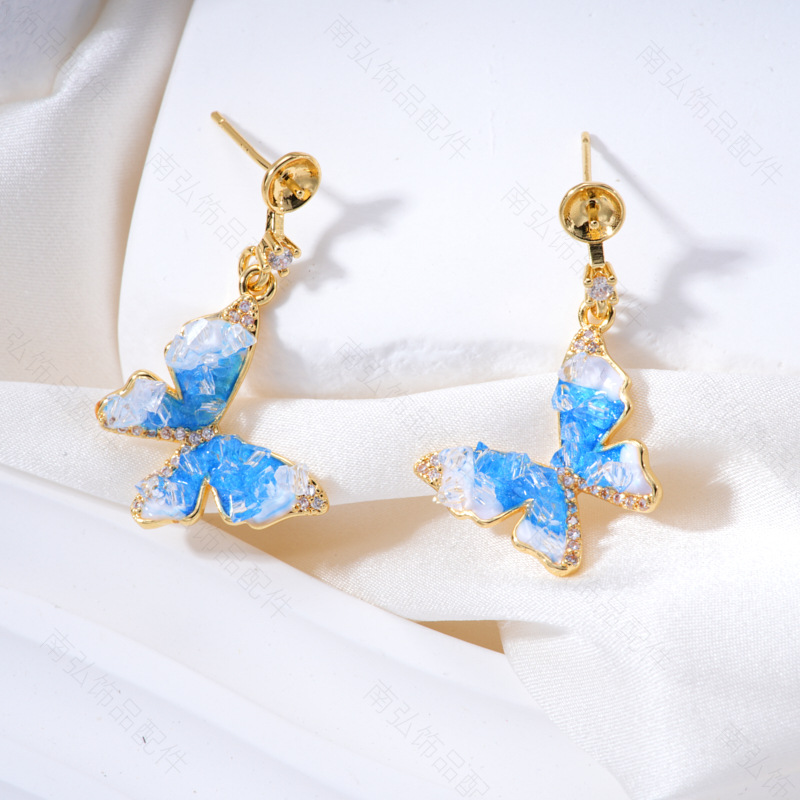 Pearl ring, earneedle pendant, micro-inlaid three-piece set, empty stand butterfly style, oil drip design, DIY light luxury style Specification image