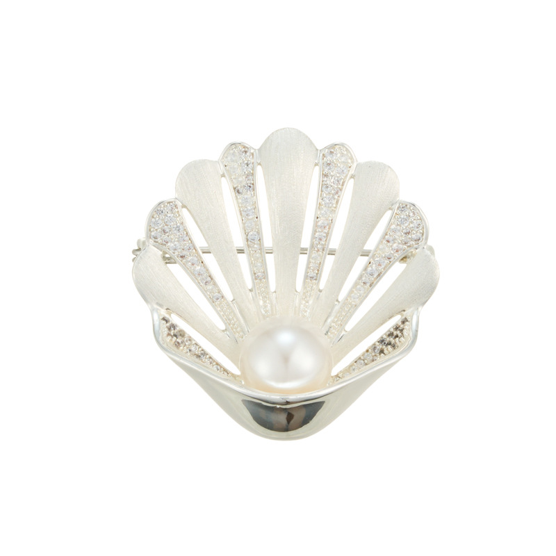 Light luxury ocean-style three-dimensional scallop brooch, copper alloy micro-inlaid zircon brushed finish, high-end and exquisite women's brooch Item Picture