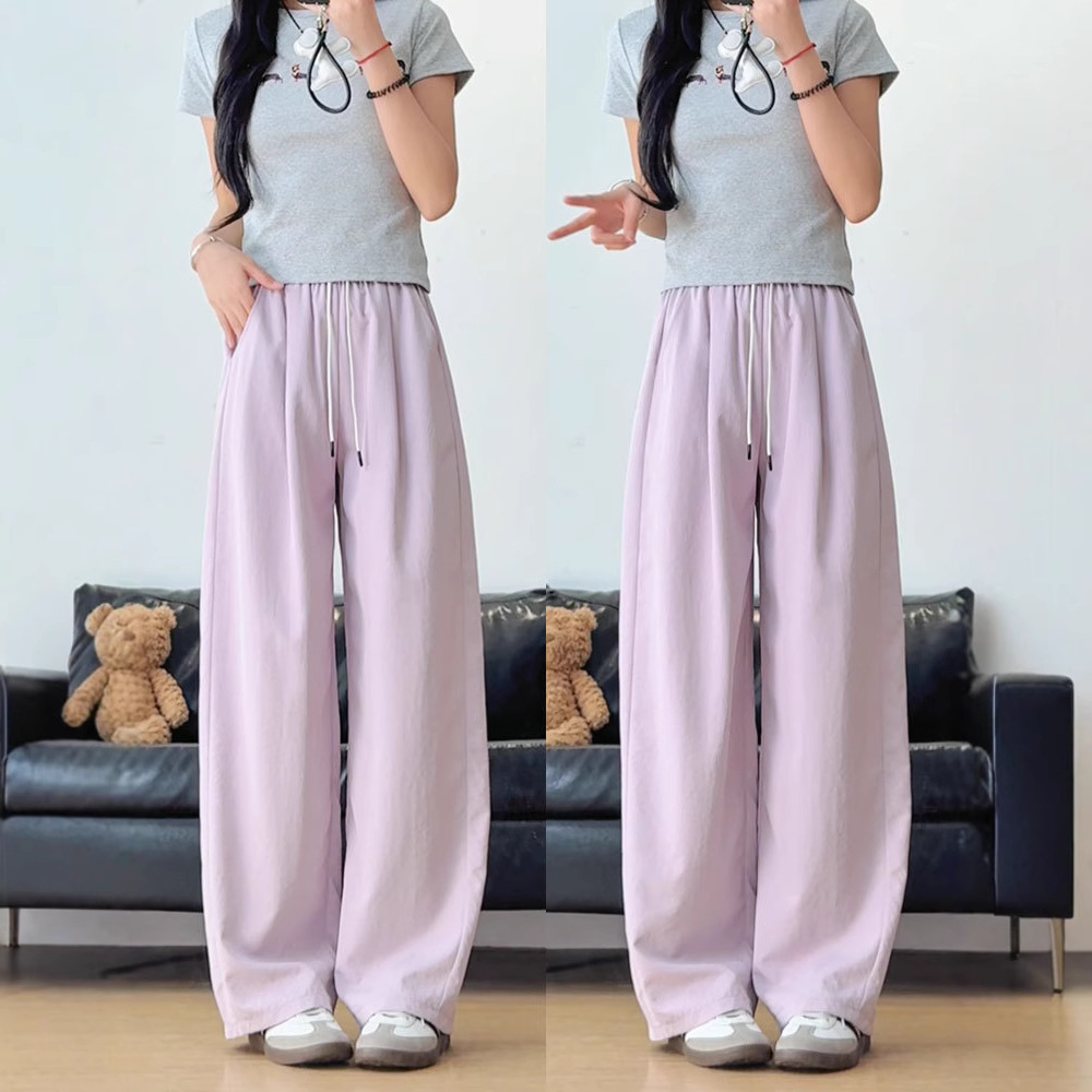 紫色冰丝阔腿裤女薄款夏季2026新款垂感小个子宽松速干香蕉弯刀裤