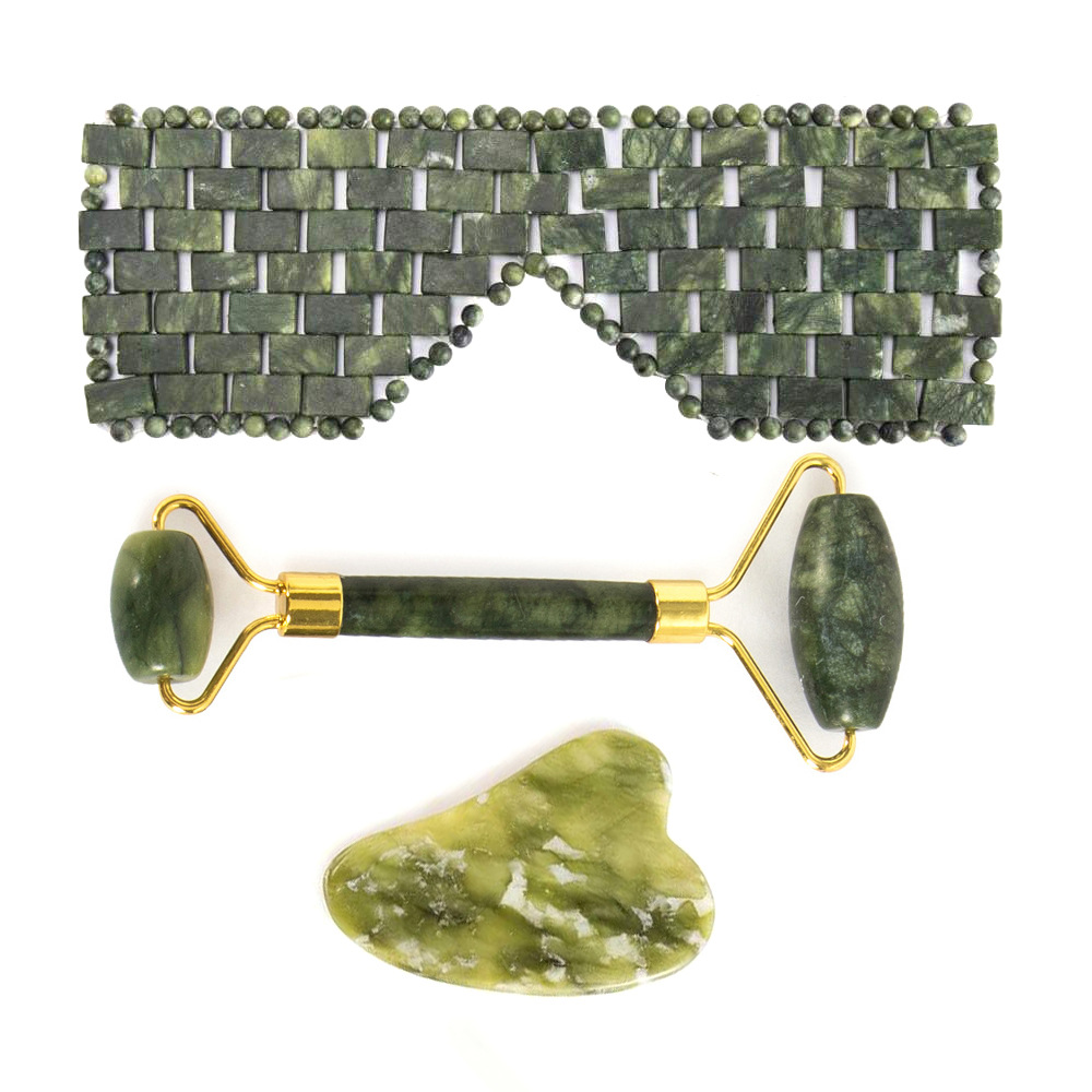 Three-piece jade eye mask, face mask, massage roller, gua sha board set, warm and cool facial beauty container Item Picture