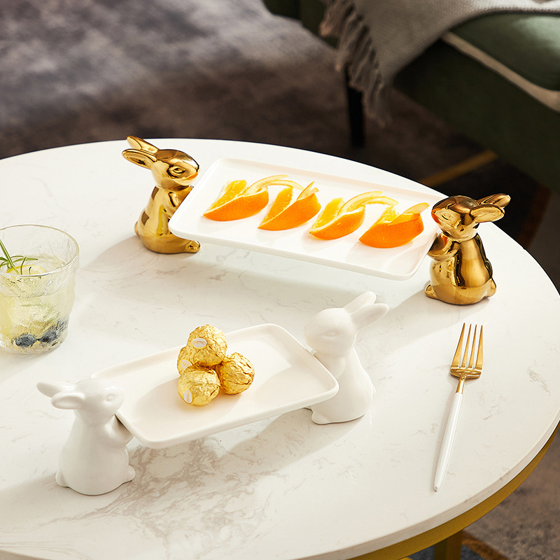 Ceramic gold and silver rabbit high foot plate, candy and bread tasting plate, creative pastry rack, cake tray, jewelry storage Specification image