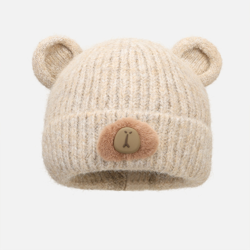 Korean-style cute bear knitted hat for students, versatile for autumn and winter, a small double-layer cold-proof, warm and ear-protecting knitted hat Specification image