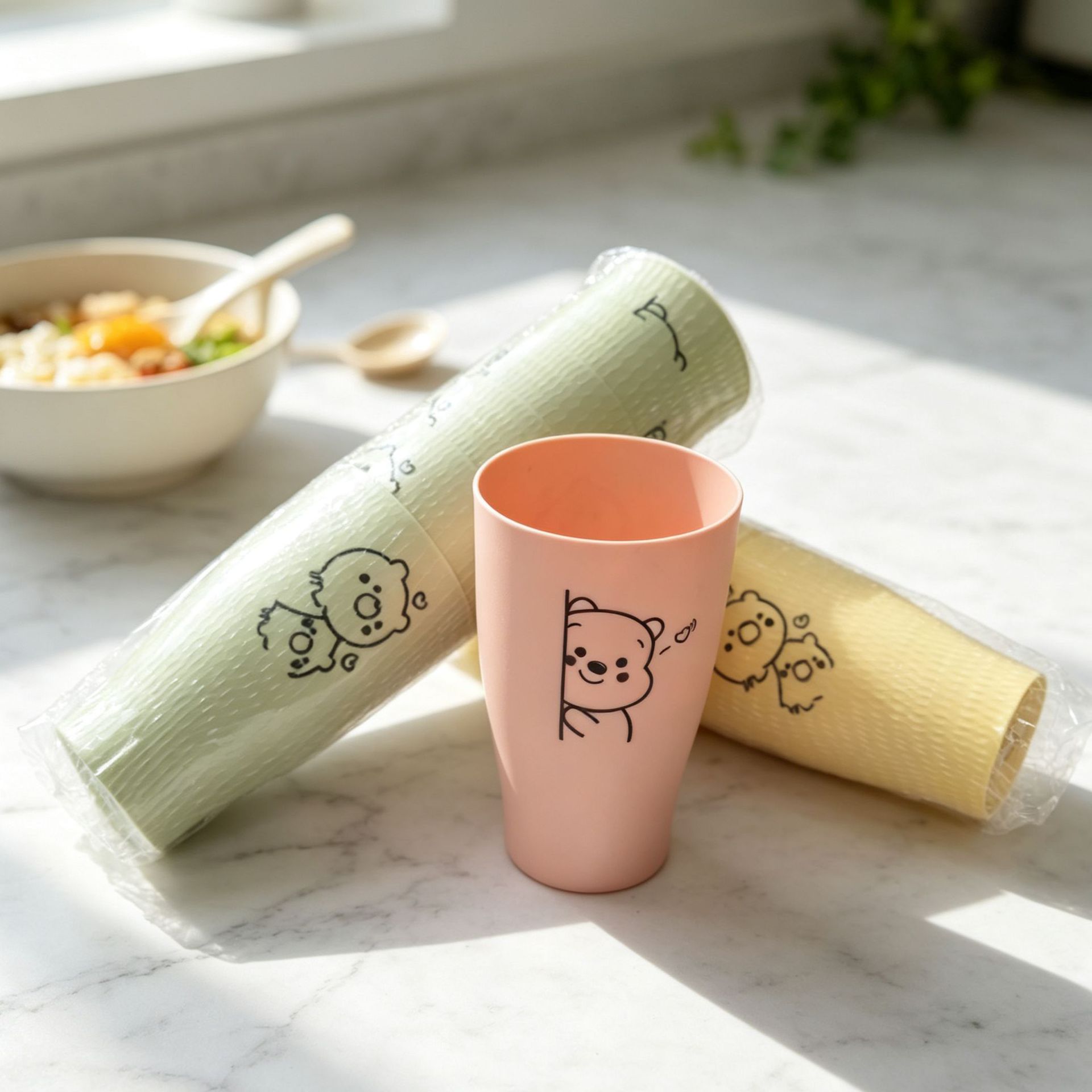 马卡龙塑料水杯家用简约口杯cup可爱小熊多色洗漱杯饮水杯子