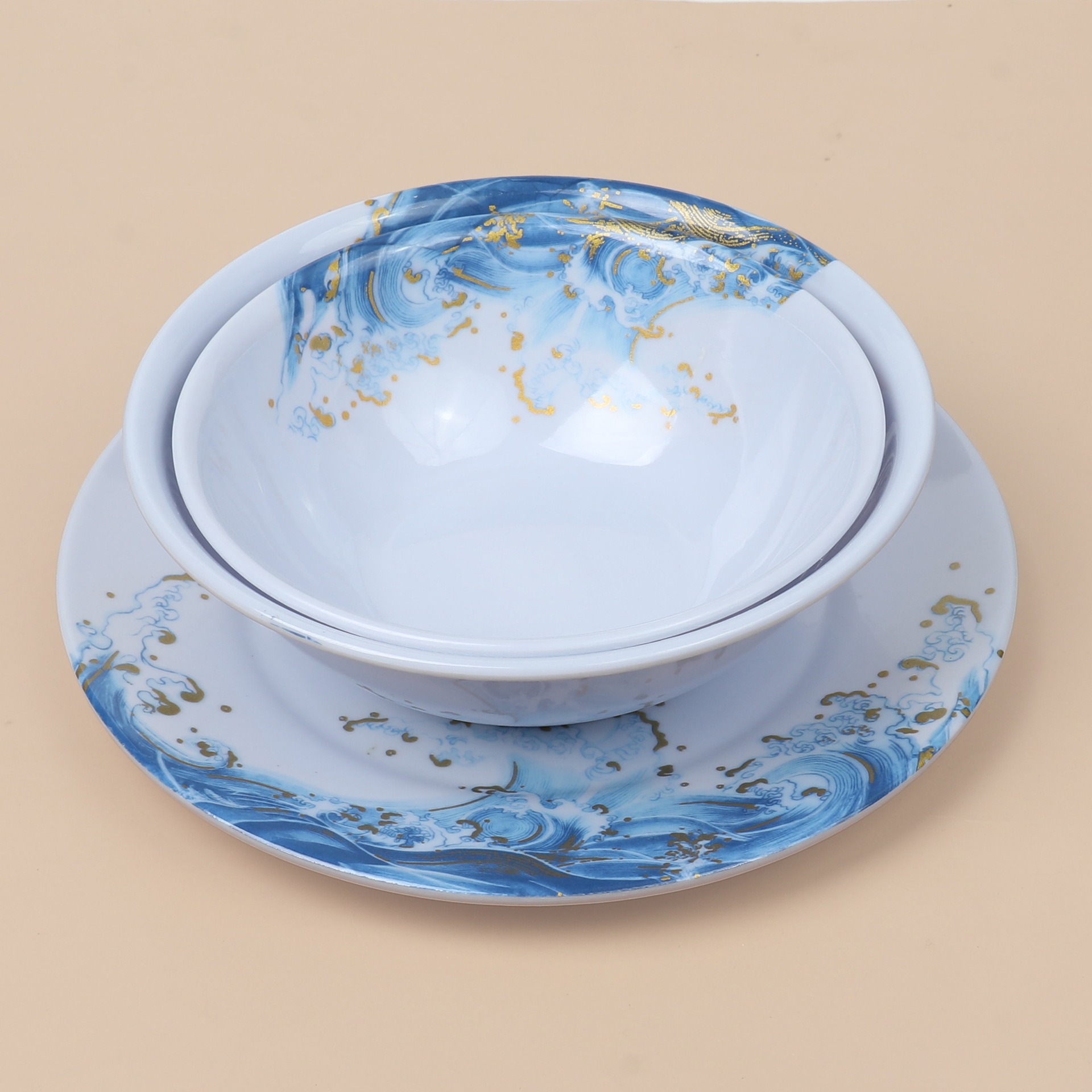 Foreign trade melamine small bowl, blue wave imitation porcelain bowl, home self-service fast food tableware, porridge 8910-inch rice bowl, soup bowl details Picture