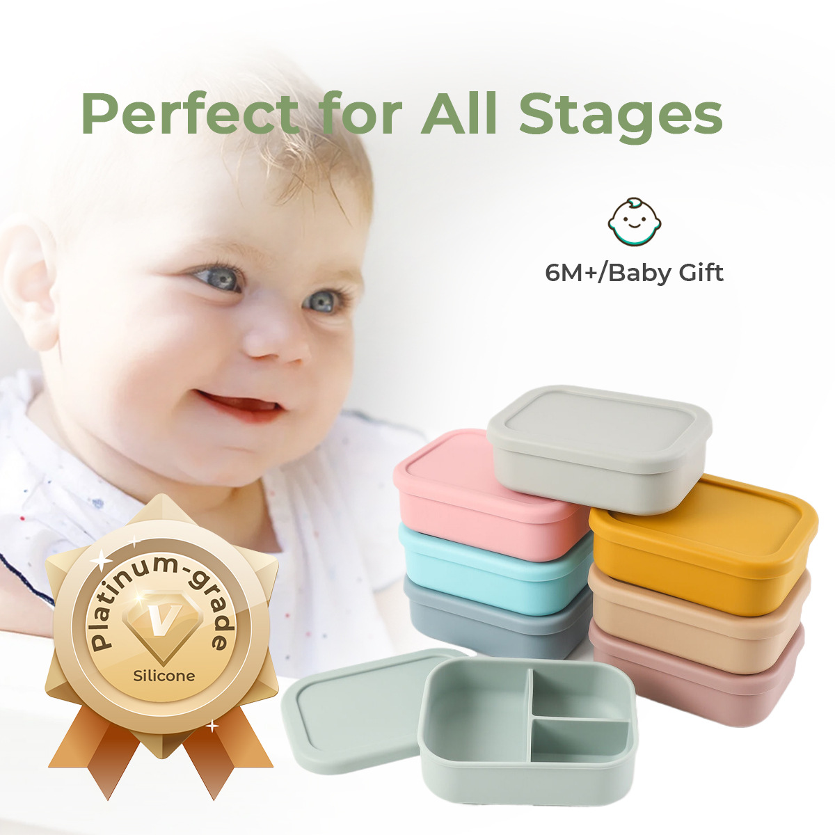 跨境硅胶饭盒保鲜收纳盒三分格密封食品级可微波炉加热午餐便当盒详情图1