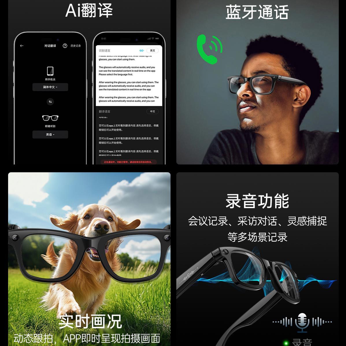 The cross-border W620 smart glasses feature 8-megapixel AI translation, photo and video shooting, and dual noise reduction and image stabilization for image transmission Application Scenario