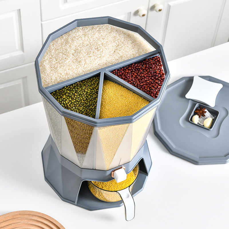 Kitchen classified rotating rice bucket, grain and cereal compartments, press-sealed jar, household moisture-proof and insect-proof plastic rice storage bucket details Picture