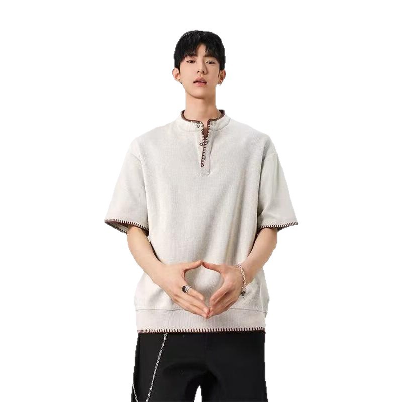 Old money style trendy Hong Kong-style men's T-shirt, summer simple and trendy brand half-sleeved loose and casual Henry T-shirt top Item Picture