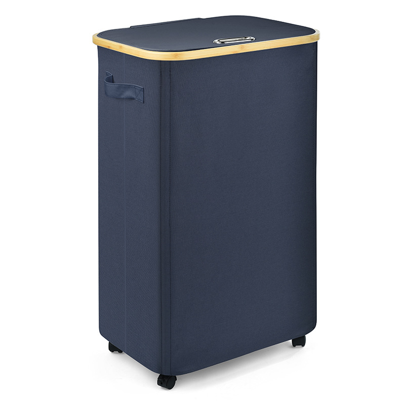 Large-capacity dirty clothes basket with wheels, Japanese-style fabric foldable bamboo frame storage basket, dirty clothes basket Item Picture