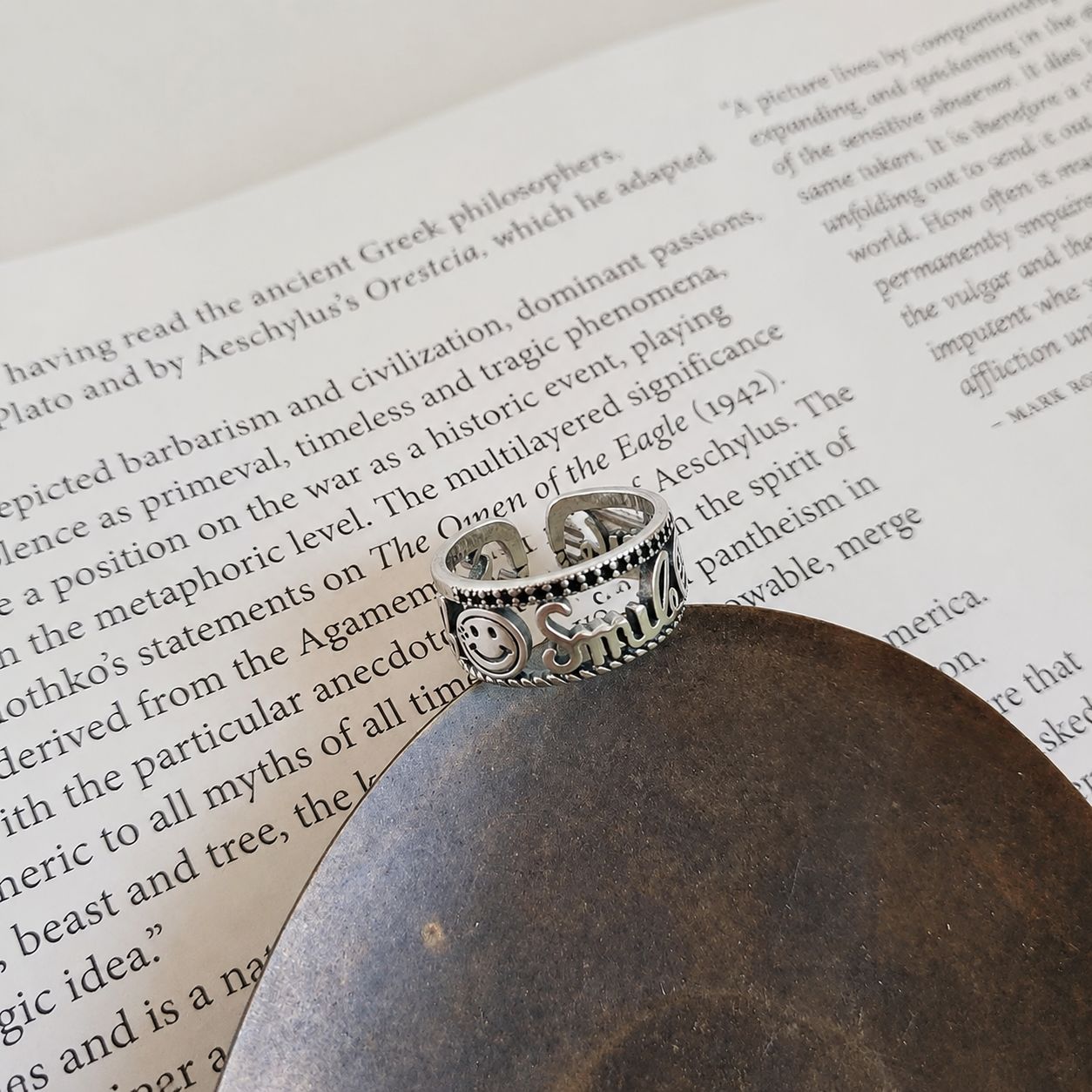 S925 sterling silver retro aged letter smile smiling face ring wide, niche and versatile open index finger silver ring Specification image