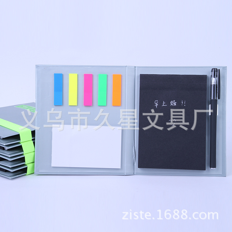 The manufacturer supplies silver-covered combination notepads with pens, combination sticky notes and sticky notes