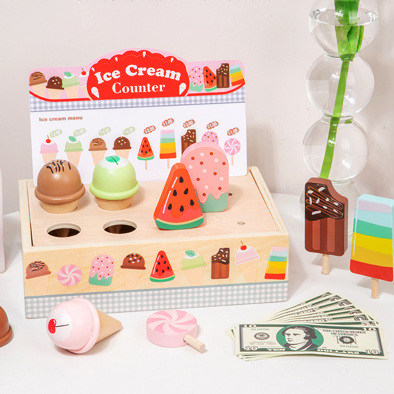 Juguete transfronterizo simulación de madera paso de niños tienda de helados venta de helados contador de conos venta de madera Application Scenario