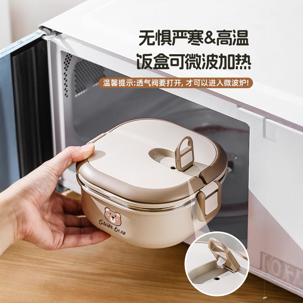 Lonfa beige lonchera aislante de doble capa bolsa aislante a juego pantalla digital de temperatura pegatinas oso palabras QIFENG cuchara de plata palillos aislantes al aire libre decoraciones de acero innovador paquete de aislamiento térmico details Picture