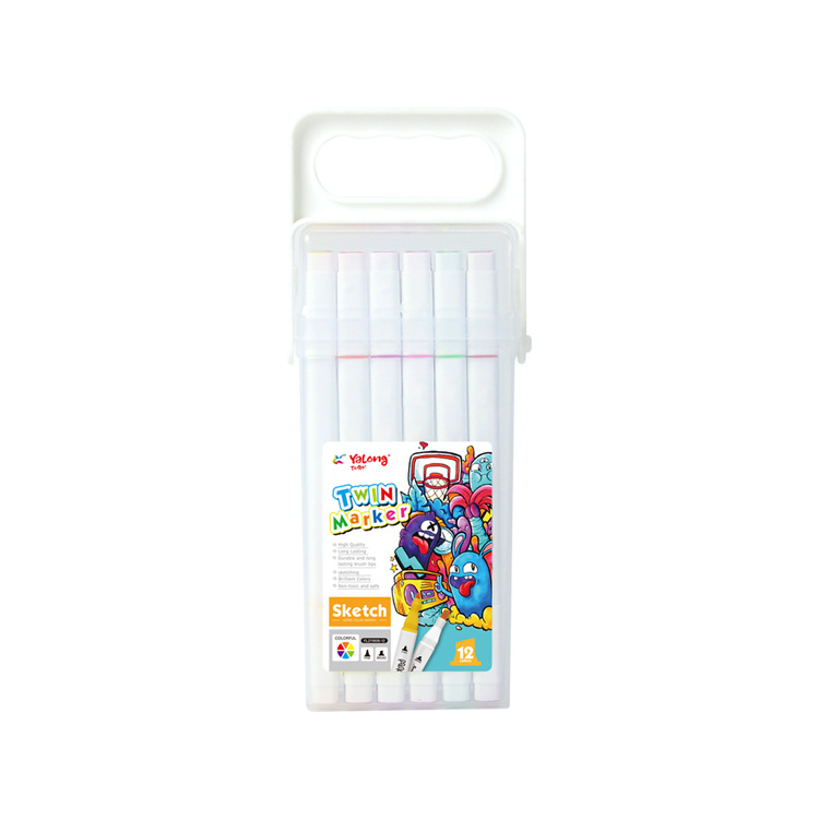 Yalong Cross-border Student Non-toxic and Safe student Art Supplies 12-color marker pens, colorful children's double marker pen covers