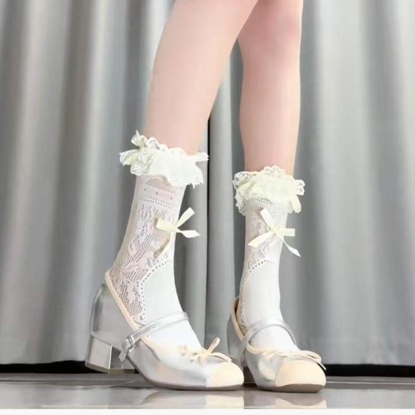 夏季蕾丝花边中筒袜子女薄款lolita蝴蝶结堆堆袜y2k短袜少女风