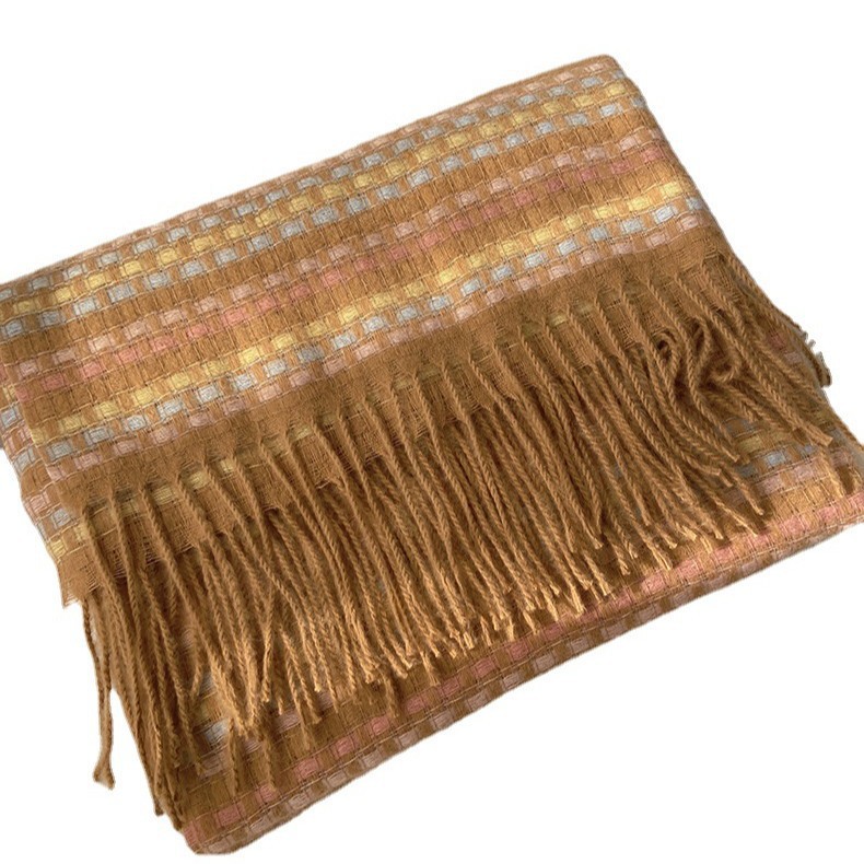 Wholesale of the 2021 new Korean style colorful checkered student warm and thick scarf, faux cashmere tassel shawl from street stalls Item Picture