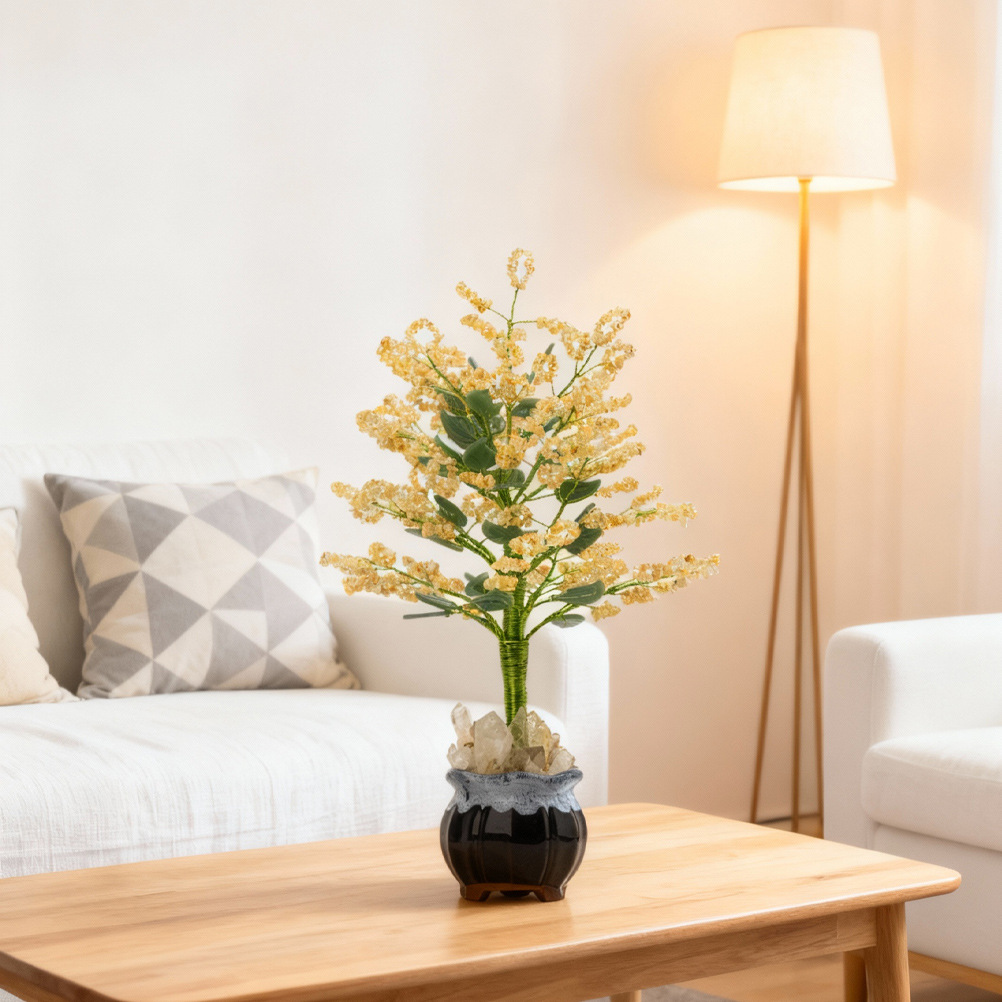 天然水晶碎石黄水晶招财树陶瓷碗底座水晶树开业送礼办公招财摆件