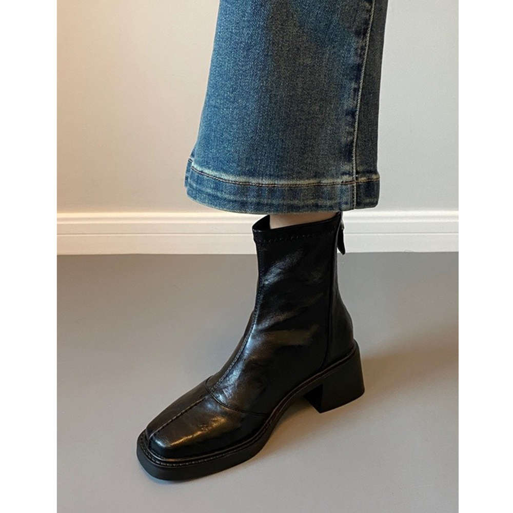 Leather square toe back zipper Dr. Martens boots for women 2025 new Spring and autumn retro commuting chunk-heeled skinny boots high-heeled short boots Item Picture