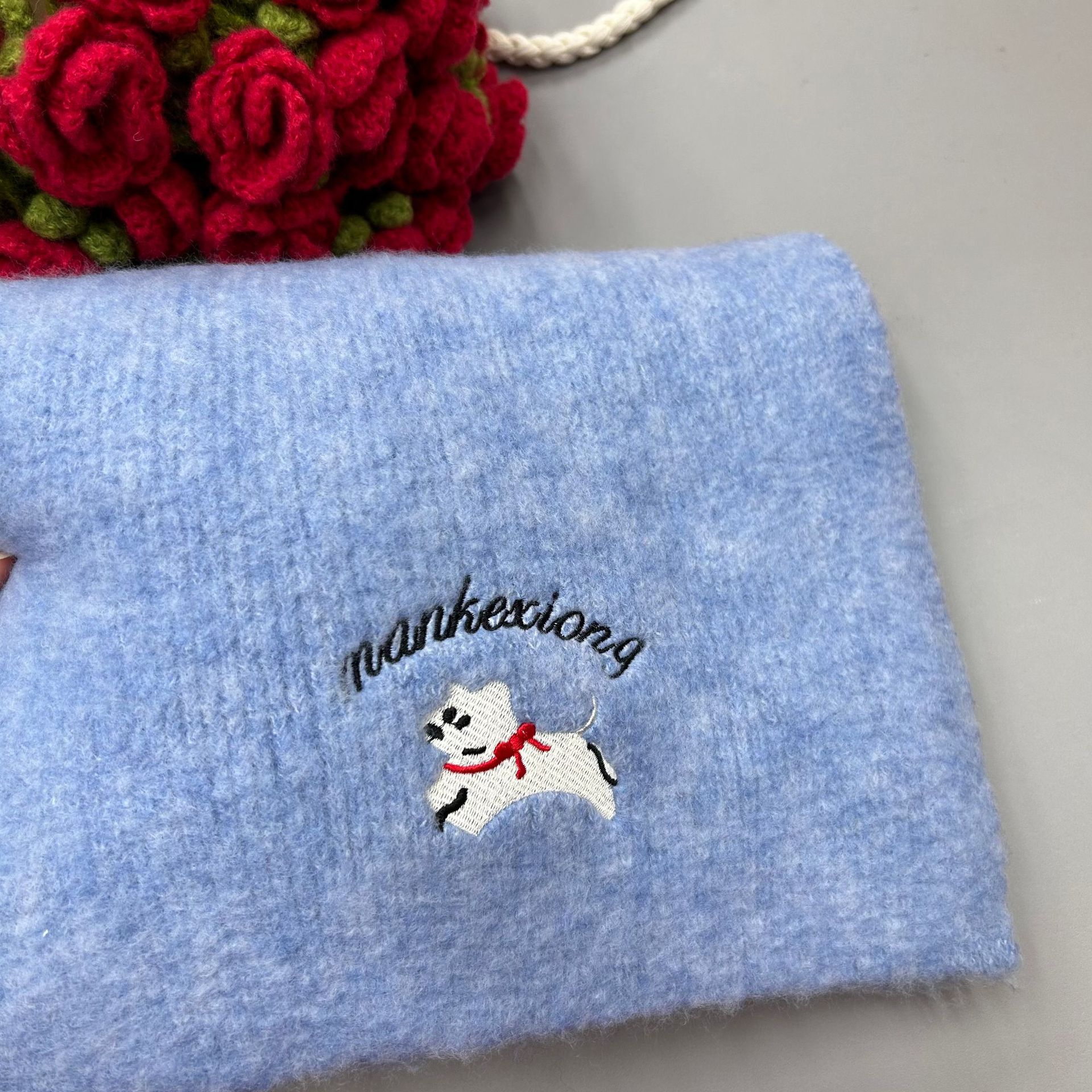 Korean-style cute embroidered puppy scarf for women's winter fashion, versatile and atmospheric cashmere shawl, warm knitted scarf details Picture