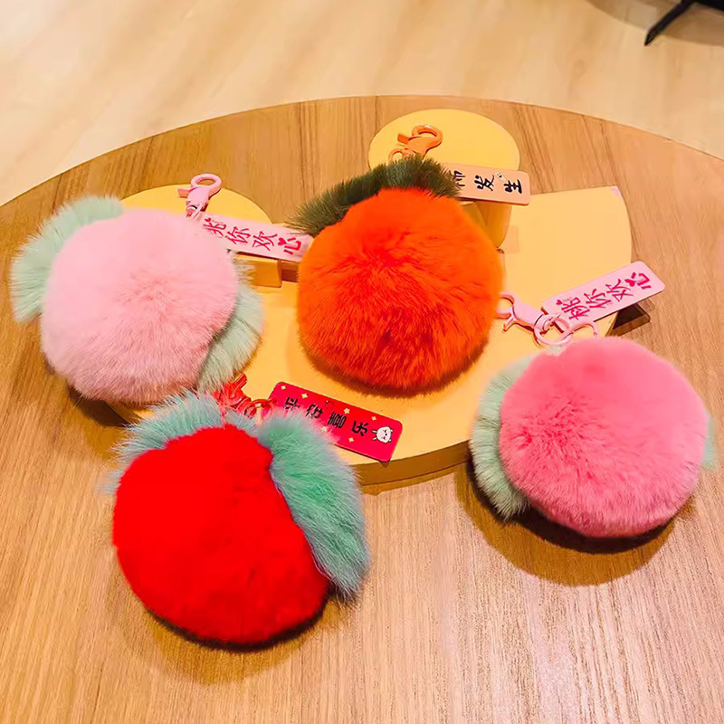 Imitation rex rabbit fur persimmon keychain pendant, a popular plush autumn and winter new red Apple car birthday bag pendant Specification image