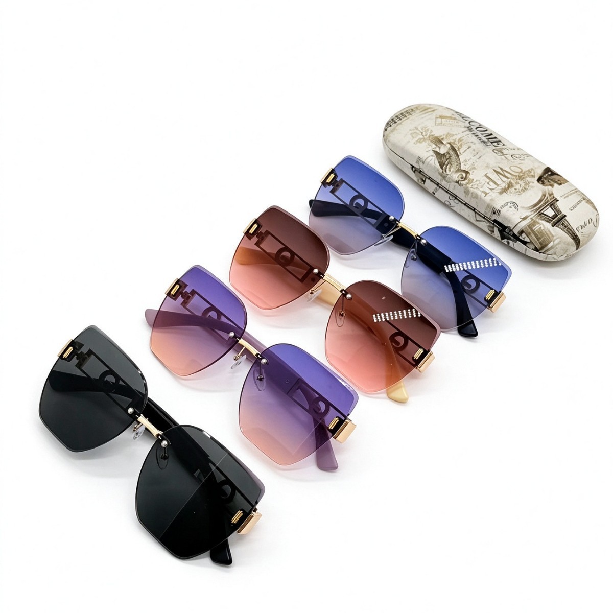 Nuevo modelo sin marco hombre mujer gafas de sol metal decoración calado espejos piernas grandes marco delgado gafas de sol de moda details Picture