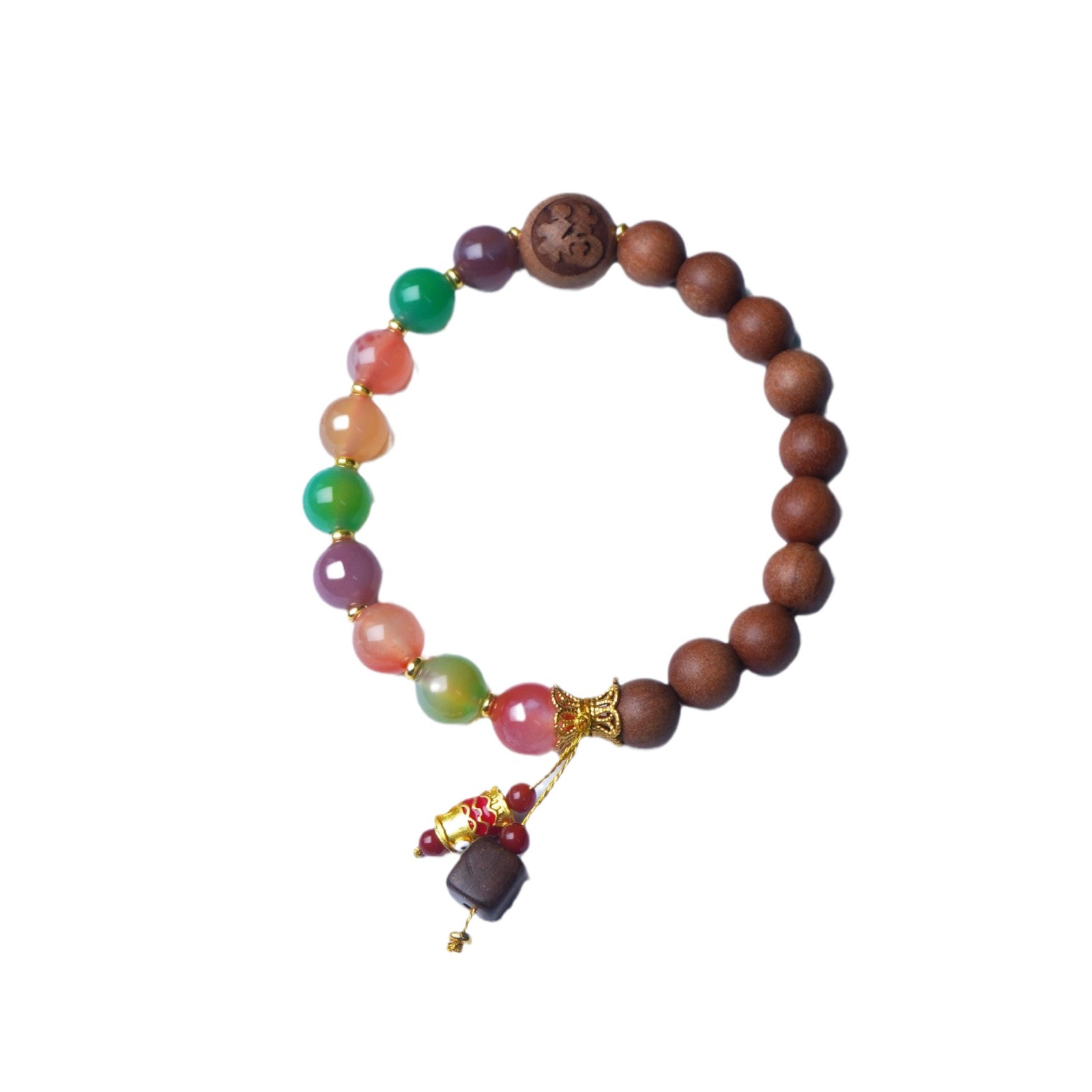 Natural sandalwood bracelet, retro and sweet, peace and fortune pendant, agate bracelet, beads, men's and women's cultural play Buddhist prayer beads accessories Item Picture