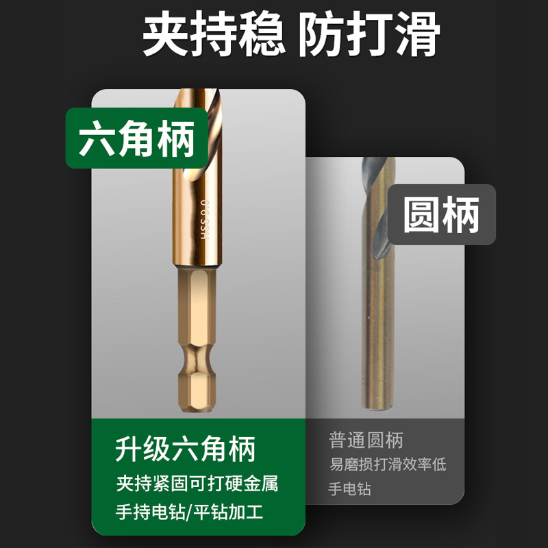Hexagonal handle cobalt-containing twist drill, hand drill for drilling, stainless steel metal tool, high-hardness fully ground twist drill Specification drawing