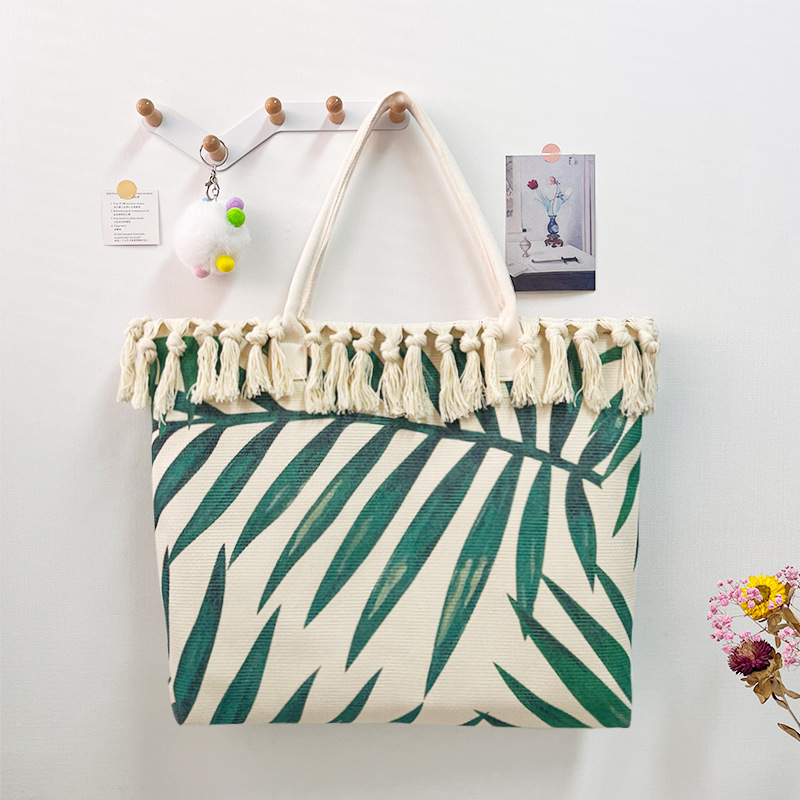 Cross-Border Canvas Bag, Fringed Handbag, Large-Capacity Portable And Simple Handcrafted Tote Bag, Commuting Fringed Bag, Bohemian Ethnic Style Printed Handbag, Embroidered Women's Single-Shoulder Handbag, Tote Bag, Women's Canvas Bag Specification drawing