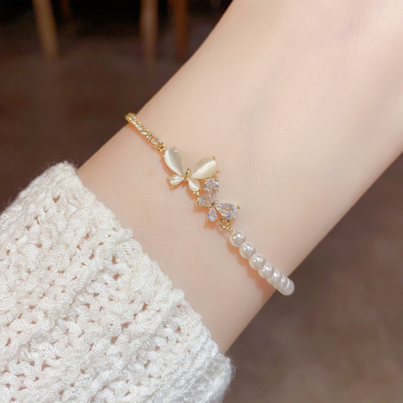 Zircon cat's eye, butterfly and pearl patchwork bracelet, new, niche, high-end, fashionable and versatile, elegant jewelry wholesale details Picture