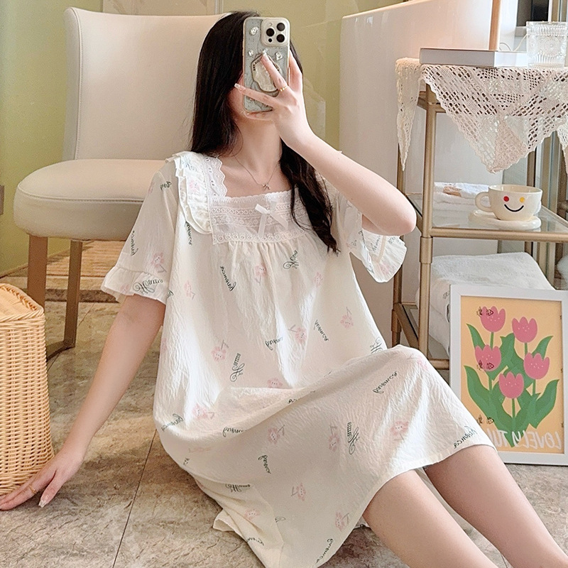 新款棉纱睡裙女生短袖方领云朵棉睡衣裙大码睡衣韩版宽松居家睡裙