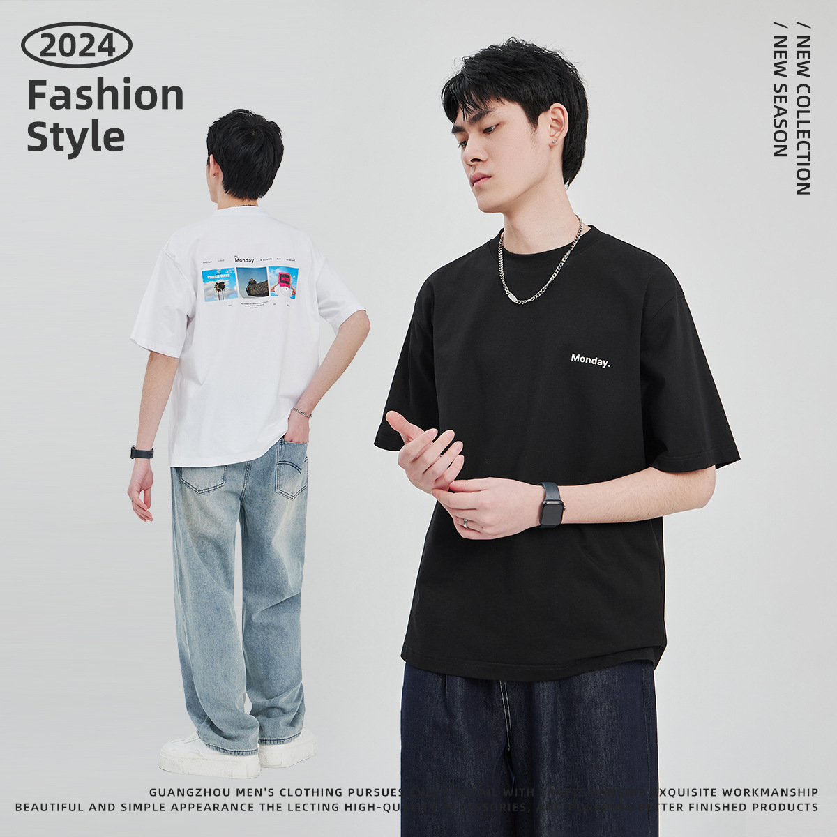 APO Men's Wear: The latest pure cotton casual T-shirt for men in summer 2024, a trendy round-neck printed short-sleeved shirt for men Specification image